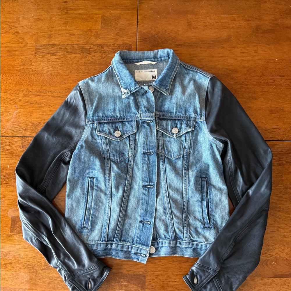 Denim and Black Leather Women's Jacket
